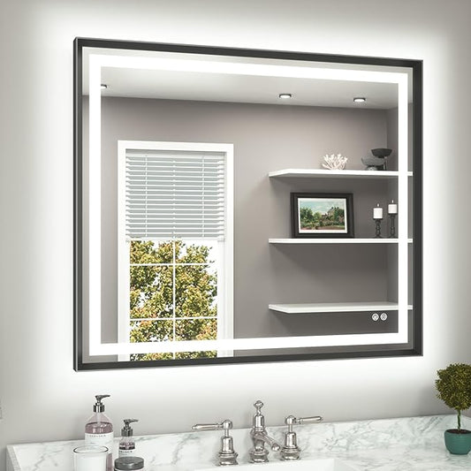 TETOTE 42 x 36 Led Mirror Brushed Black Metal Frame Frontlit & Backlit Vanity Mirror Anti-Fog Stepless Dimmable 3 Colors White/Warm/Natural Wall Mirror with Lights Wall-Mounted