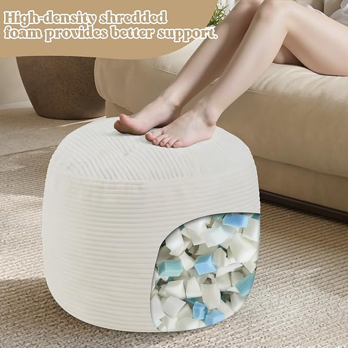 MeMoreCool Stuffed Round Pouf Ottoman Foot Rest, Floor Pouf Foot Stool with Soft Foam Chunk Filling, Round Small Ottoman Footstool Circle Footrest for Couch Living Room, Corduroy Beige