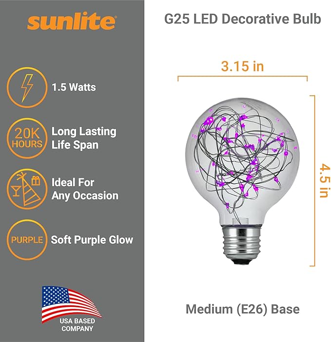 Sunlite 81173 G25 Globe Bulb, LED Fairy-Lights Inside, 1.5 Watts, Medium (E26) Base, Non Dimmable, Party Decoration, Holiday Lighting, String Light, Purple, 1 Count