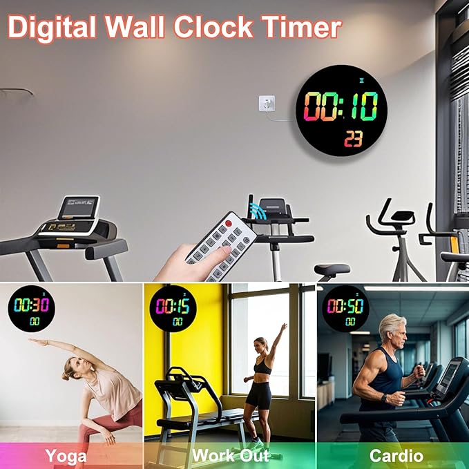 Large 12" RGB Color Changing Digital Wall Clock with Remote Control | LED Display Plug-in Clock with 3 Brightness Levels & Temperature Display | Perfect for Home, Gym, Classroom, Office