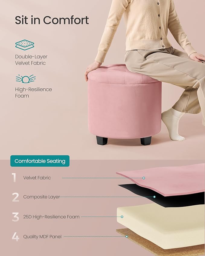SONGMICS Round Ottoman, Ottoman with Storage, 17.7 x 17.7 x 17.5 Inches, Foot Rest with Legs, Velvet, Load up to 330 lb, for Living Room, Bedroom, Jelly Pink ULOM012R01
