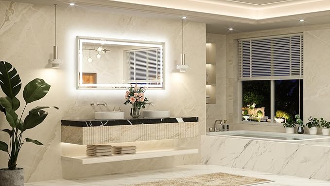 TETOTE 60 x 28 Large Bathroom Mirror Brushed Nickel Metal Frame Frontlit & Backlit Vanity Mirror 3 Colors White/Warm/Natural Stepless Dimmable Anti-Fog Bathroom Mirrors for Vanity Wall-Mounted