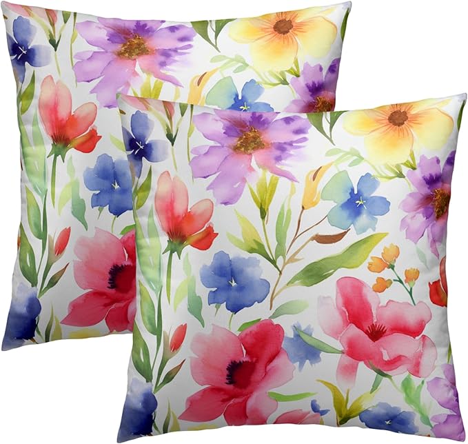 Spring Summer Throw Pillow Covers - Watercolor Flowers Pillow Covers 18x18 Inch Set of 2 Floral Pillowcase Botanical Blossom Cushion Cover for Couch Sofa Garden Patio