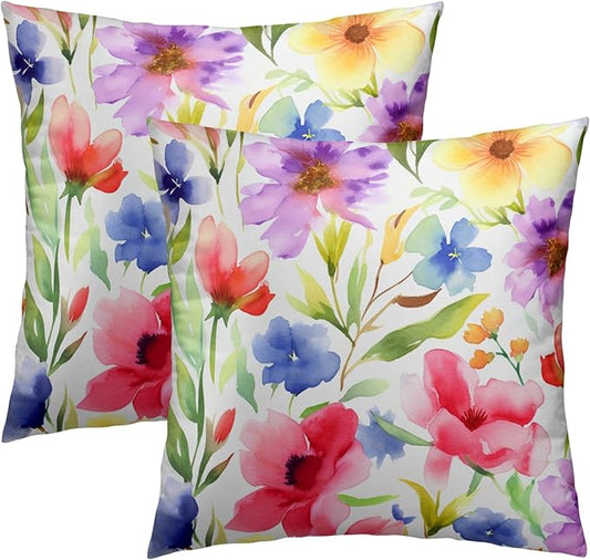 Spring Summer Throw Pillow Covers - Watercolor Flowers Pillow Covers 18x18 Inch Set of 2 Floral Pillowcase Botanical Blossom Cushion Cover for Couch Sofa Garden Patio
