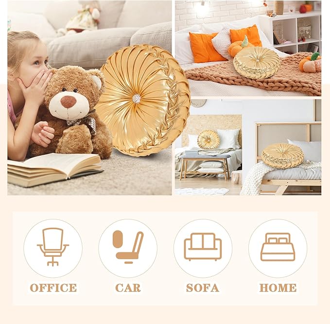 1 Pcs Round Throw Pillows Decorative Polyester Pleated Throw Pillows 15'' Diameter Accent Pumpkin Boho Chair Cushion for Couch Sofa Home Decoration (Gold)
