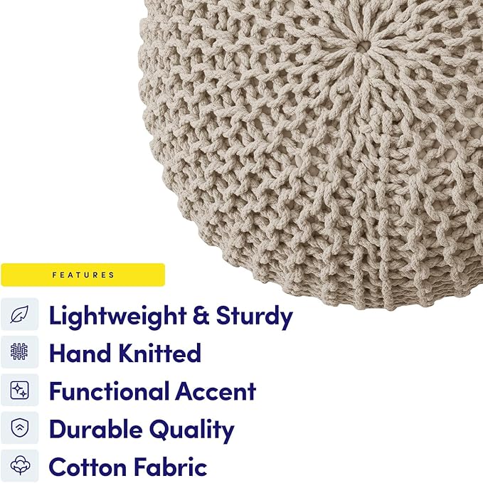 Pouf Ottoman Foot Rest Stuffed – 20” Diameter x 14” Tall Cozy Floor Pouf for Living Room, Bedroom, Nursery & More – 100% Cotton Knit Shell, EPS Bead Filled Footrest & Accent Chair, Beige