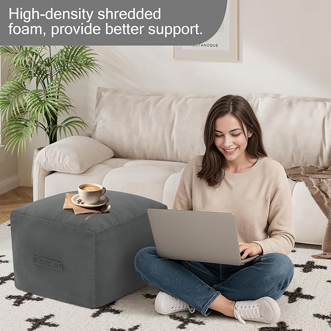 MeMoreCool Square Stuffed Pouf Ottoman Foot Rest, Floor Pouf Foot Stool with Foam Chunk Filling, Soft Stuffed Ottoman Footrest for Living Room, Dark Grey
