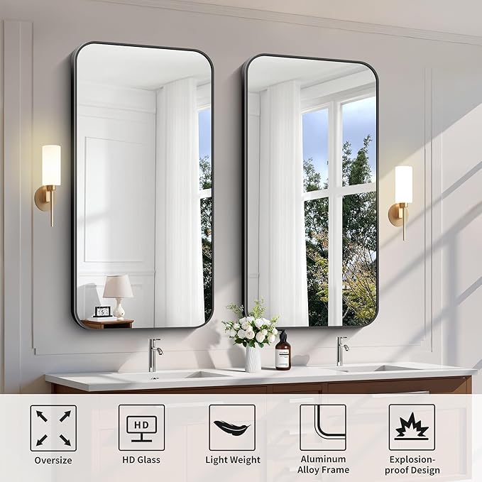 FORBATH Bathroom Mirror 48" x 24", Rectangle Black Narrow Bathroom Mirror with Black Aluminum Frame Rounded Corner, Wall Mounted Mirror for Bedroom Entryway Living Room