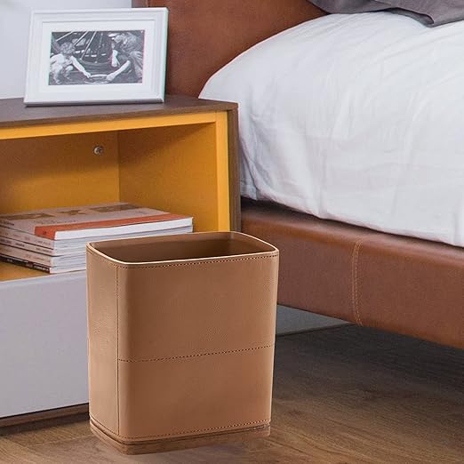 Polytree Bathroom Trash Can 1.8 Gallon(7 Liter) Small Kitchen Garbage Can,Decor Wastebasket for Bedroom Office,Resin Hand-Carved Leather Brown