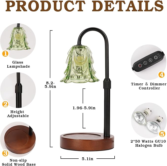 Small Candle Warmer Lamp with Timer, Adjustable Green Lamp Warmer for Jar Candles, Unique Women Gifts for Birthday, Dimmable Candle Heater, Christmas Gifts, Cute Wax Warming Light with Wood Base