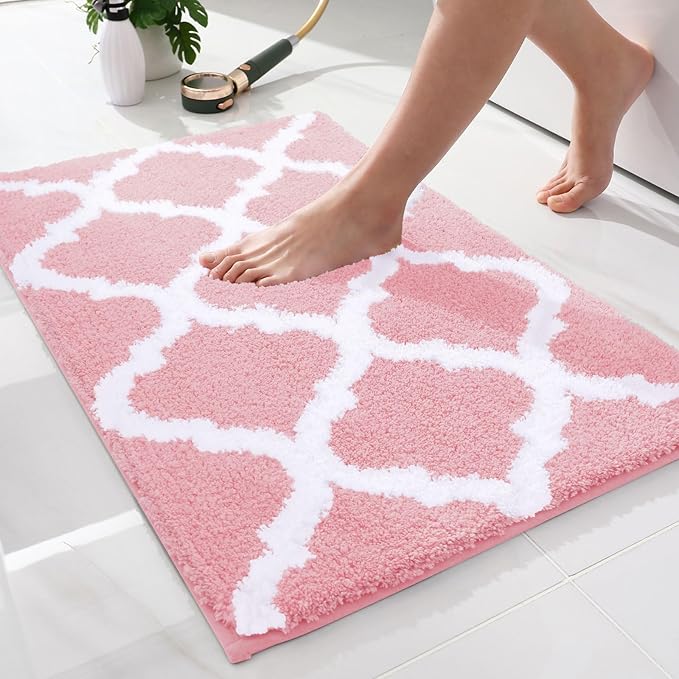 OLANLY Bathroom Rugs 24x16, Soft and Absorbent Microfiber Bath Rugs, Non-Slip Shaggy Shower Carpet, Machine Wash Dry, Bath Mats for Bathroom Floor, Tub and Shower, Pink