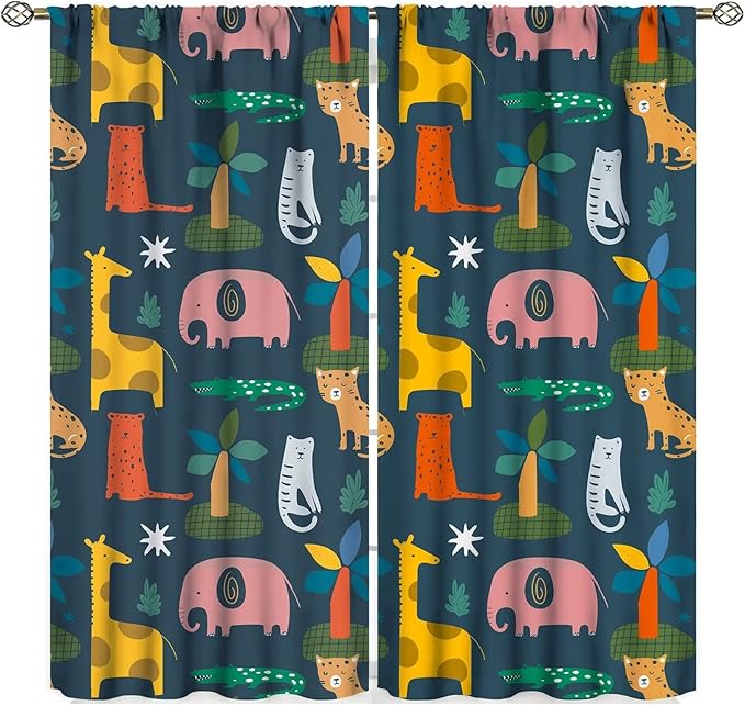 Nursery Safari Animals Curtains Baby Boy Kids Woodland Jungle Forest Lion Elephant Printed Curtains for Living Room Bedroom Window Drapes Fabric 2 Panels 42 (W) X 54(H) Inch