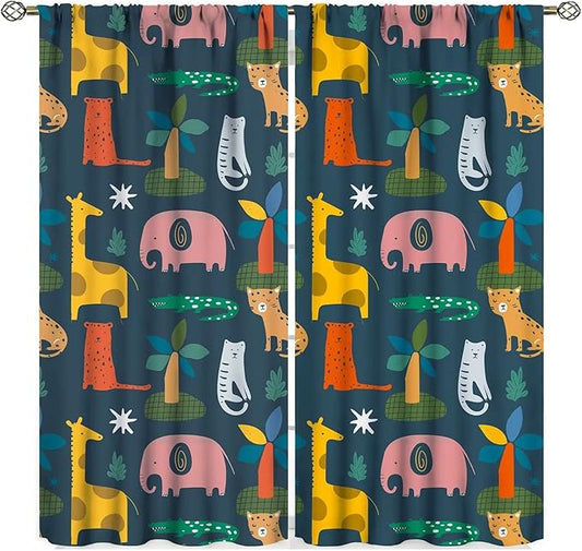 Nursery Safari Animals Curtains Baby Boy Kids Woodland Jungle Forest Lion Elephant Printed Curtains for Living Room Bedroom Window Drapes Fabric 2 Panels 42 (W) X 54(H) Inch