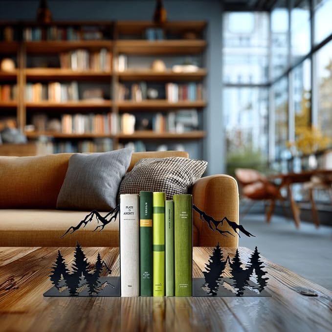 Matte Black Iron Heavy Duty Bookends - Laser-Engraved Mountain Design, Decorative Shelf Stoppers for Books, Space-Saving Desk Organizer (Modern, Rustic, Vintage Style)