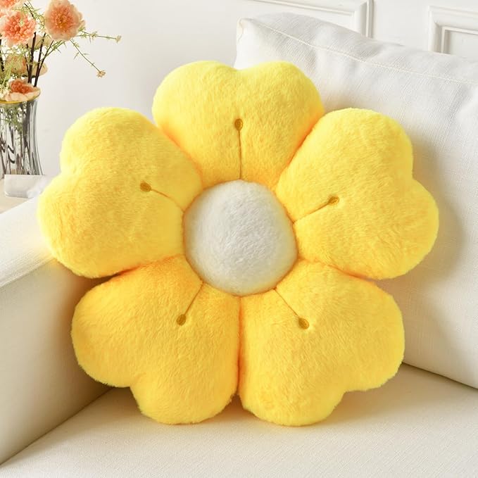 Flower Pillow, Flower Shaped Pillow Decorative Throw Pillows for Bed Couch, Cute Daisy Pillow Dorm Decor Floor Seating Cushion (Yellow, 15 Inches)
