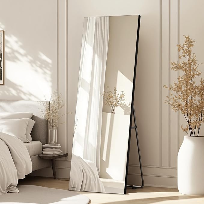 Kosmonia 64x20 Frameless Full Length Silver Coating Mirror w/Distortion Free, HD Reflection &Anti Desilvering, Tempered Glass & Shatter Proof Film Doubling Safety, Easy Setup w/Stand, Wall/Standing