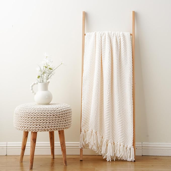 BATTILO HOME Cream Throw Blanket for Couch, Textured Knitted Throw Blanket with Tassels, Couch Cover Blanket Warm Decorative White Throw Blankets for Sofa Living Room, 60" x 80"