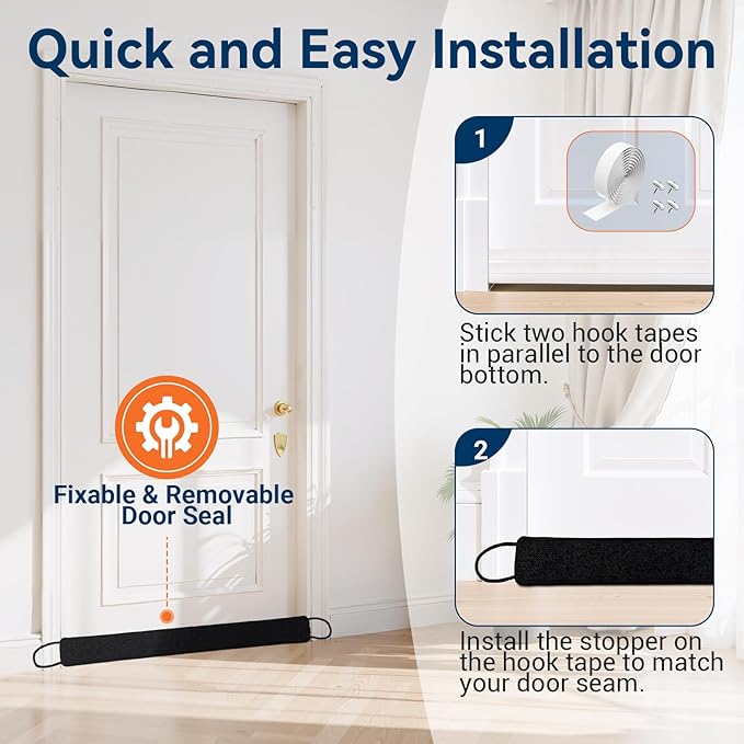 Door Draft Stopper for Bottom of Door, 36’’ Heavy Duty Under Door Draft Blocker Gap Filler, Door Seal for Noise Light Cold Air, with Adhesive Strips, Black