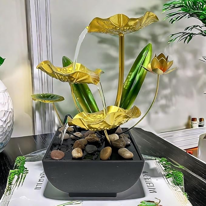 Desk Water Fountain Indoor Tabletop Mini Waterfall 3 Level Lotus Leaf Fountain Flowing Water Landscape Decor for Bedroom, Office, Living Room