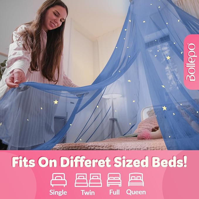 Blue Canopy Bed, Blue Bed Canopy with Glow in The Dark Stars for Girls, Boys, Kids and Babies, Net Use to Cover The Baby, Kid, Girls Or Full Size Bed, Fire Retardant Fabric