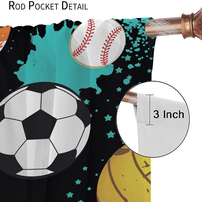 JESTRONRY Sport Window Curtains,Abstract Basketball Football Soccer Rugby Baseball Sports Theme Home Fabric Living Room Kids Boys Girls Teens Bedroom Home Decor Blackout Drapes W63xL72in