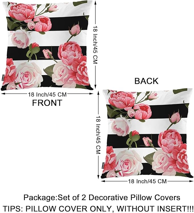 Swono Peony Roses Pillow Covers, Blossom Rose Peony Pink Decorative Pillow Case Home Sofa Cushion Set, Black White Stripes Pillow Cushion Cases for Bed/Patio/Garden/Balcony, 2-Pack, 18x18 Inch