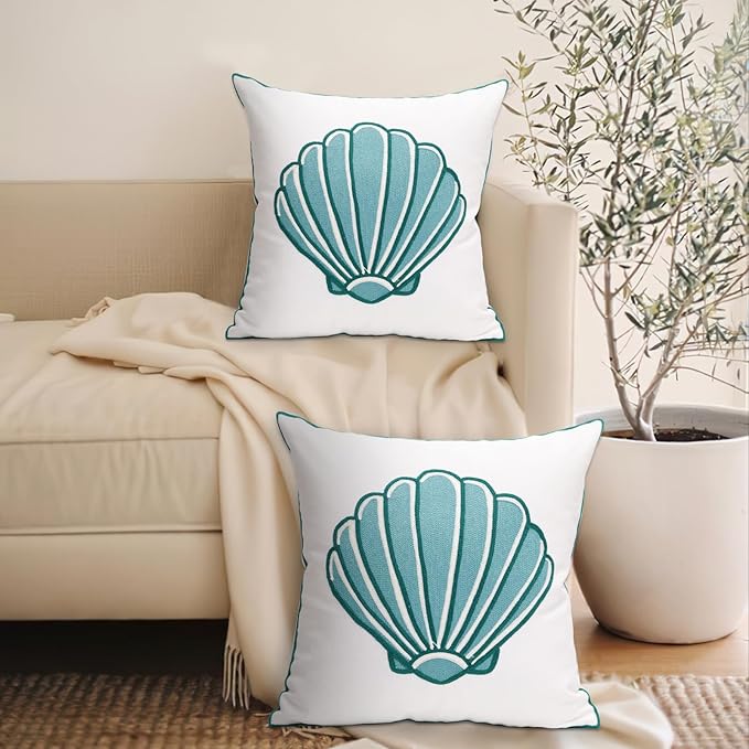 1 PCS Embroidered Throw Pillow Cover Cotton Decorative Square Cushion Cases for Home Sofa Bed and Chair 18 x 18 Inch (Blue Sea Shell-2)