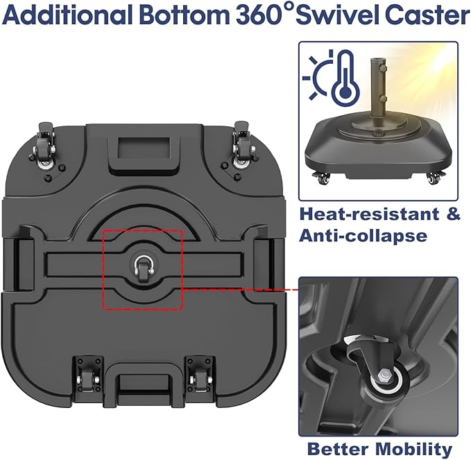 Patio Umbrella Base with 5 Wheels, Umbrella Stand Heavy Duty 145lb Fillable Umbrella Holder Mobile Square Market Stand for Outdoor, Deck, Poolside, Lawn, Fits Muti Sized Umbrellas (21in)