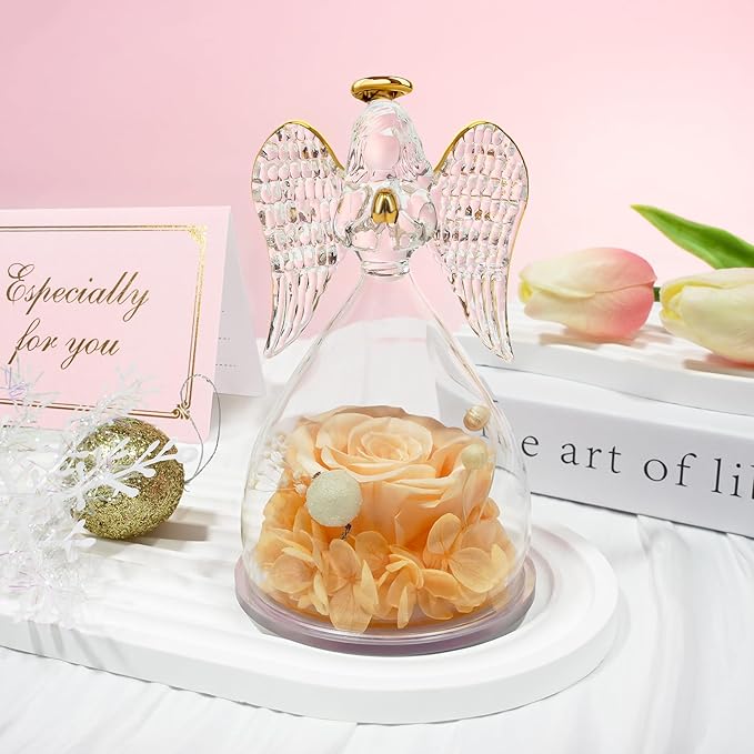 Sunia Preserved Flower Rose Gift for Women - Mother's Day Birthday Gifts for Mom Wife Grandma, Glass Angel Figurines Forever Real Roses Gifts for Her Valentine Day Thanksgiving﻿ (Champagne)