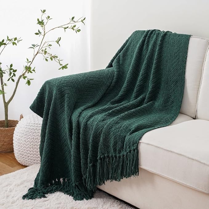 BATTILO HOME Forest Green Throw Blanket Couch,Knit Christmas Throw Blanket Versatile Chair,Super Soft Warm Christmas Decor Throw Tassels Bed,Sofa and Living Room,50'' x 60''