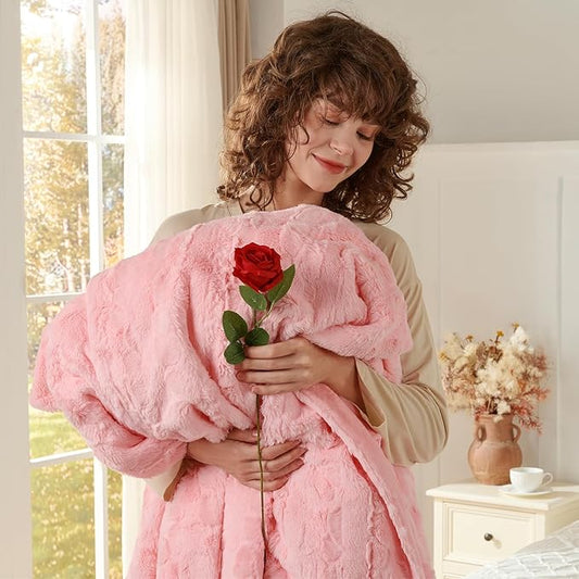 Krifey Pink Faux Fur Blanket for Bed, 3D Marble Texture Soft Cozy Fuzzy Plush Thick Warm Blanket, Faux Rabbit Fleece, Christmas Birthday Gifts for her Girls Women Mom, Cute Pink, 60x80in