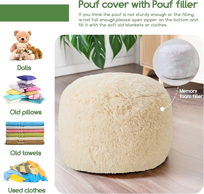 HIGOGOGO Round Stuffed Pouf Ottoman, Long Faux Fur Poufs with Foam Chunk Filling, Fluffy and Furry Pouf Foot Stool Storage Ottoman, 20 X 15 Floor Poufs Foot Rest for Living Room, Beige