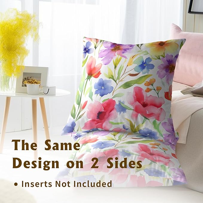 Spring Summer Throw Pillow Covers - Watercolor Flowers Pillow Covers 18x18 Inch Set of 2 Floral Pillowcase Botanical Blossom Cushion Cover for Couch Sofa Garden Patio