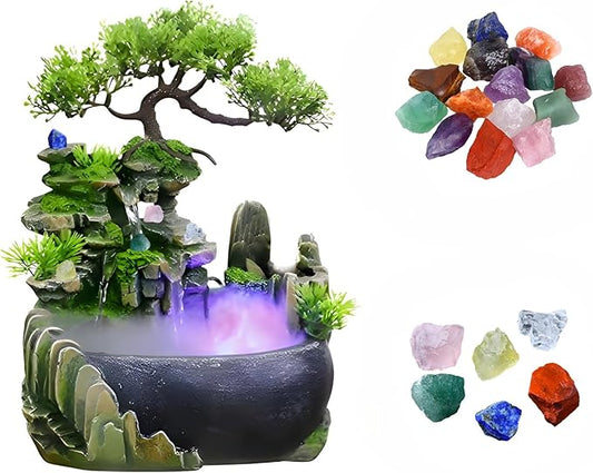 Tabletop Bonsai Tree Fountain with LED Lights, Rock Waterfall and Fog Mist(Free 10 PCS Crystals)