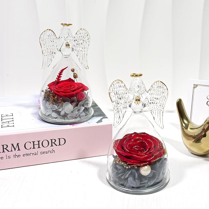 Yamonic Mom Birthday Gifts for Moms, Angel Figurines with Real Rose Gifts for Her Mother Grandma, Preserved Flowers Rose Angel Figurines for Mothers Day Christmas Birthday Gifts for Women(Redgold)