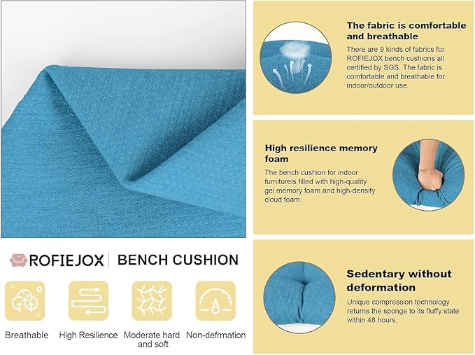 Custom Tufted Bench Cushion - Custom Size and Color, Premium Fabric for Indoor & Outdoor Patio Porch Swing Cushions Bay Window Sofa Garden Cushion, Non-Slip Bottom, Piping, 70D High-Density Spong