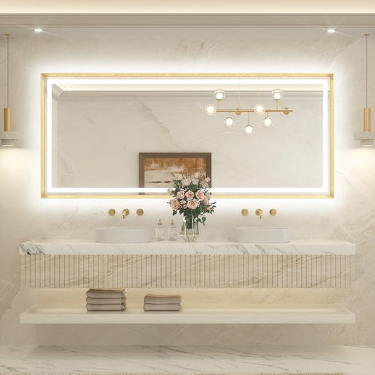 TETOTE 84 x 36 Bathroom LED Mirror Brushed Gold Metal Frame Frontlit & Backlit Vanity Mirror Anti-Fog Stepless Dimmable 3 Colors White/Warm/Natural Wall-Mounted