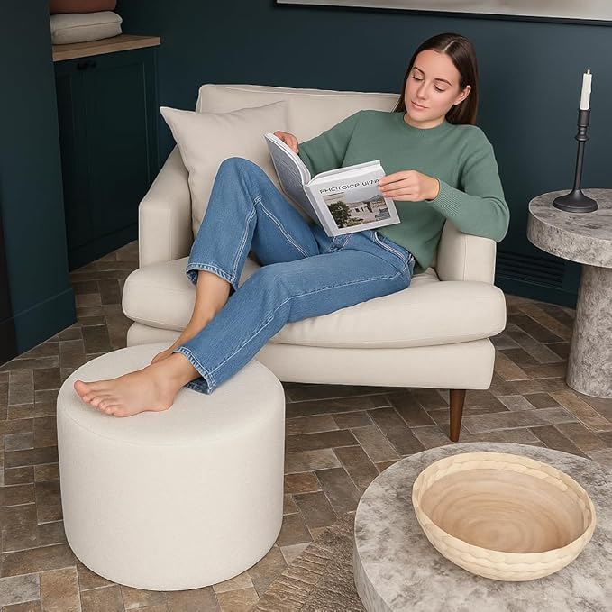 Round Pouf Ottoman and Foot Rest, Soft Boucle Footstool Ottomans for Living Room, Comfort Sponge Stuffed Poofs for Couch Desk Resting Your Feet, White(17.1" D x 17.1" W x 14" H)