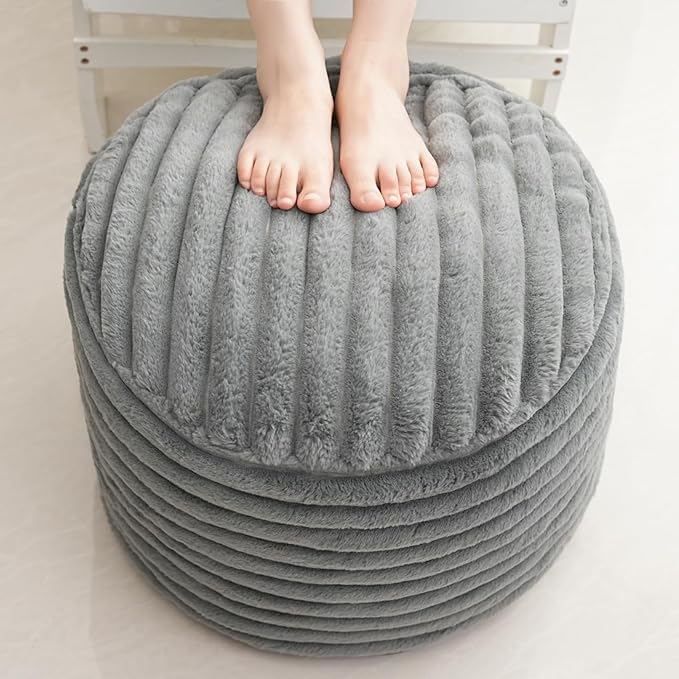 Pouf Ottoman Stuffed Round for Foot Rest, Faux Fur Poufs with Foam Chunk Filling, Storage Ottoman Pouf Foot Stool Cushion, 20 X 15 Inch Floor Chair for Living Room Bedroom Home Decor, Light Gray
