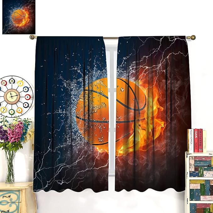 JESTRONRY Boys Basketball Curtains,Kids Sports Theme Fire Ball Water Flame Splashing Room Darkening Door Window Rod Pocket Curtain for Living Room Teen Men Bedroom Decor W84xL84in