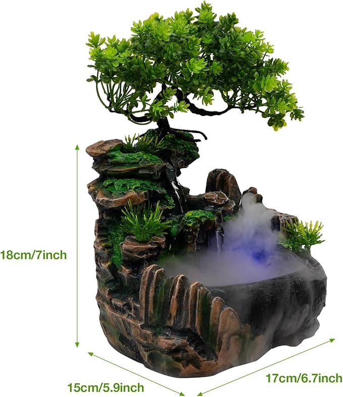 Indoor Fountain Rockery Tabletop Fountain with an Atomizer Elaxation Water Feature Meditation Desktop Fountains for Home Office Decor or Gift 6.7''L x 5.9''W x 7''H with LED Light