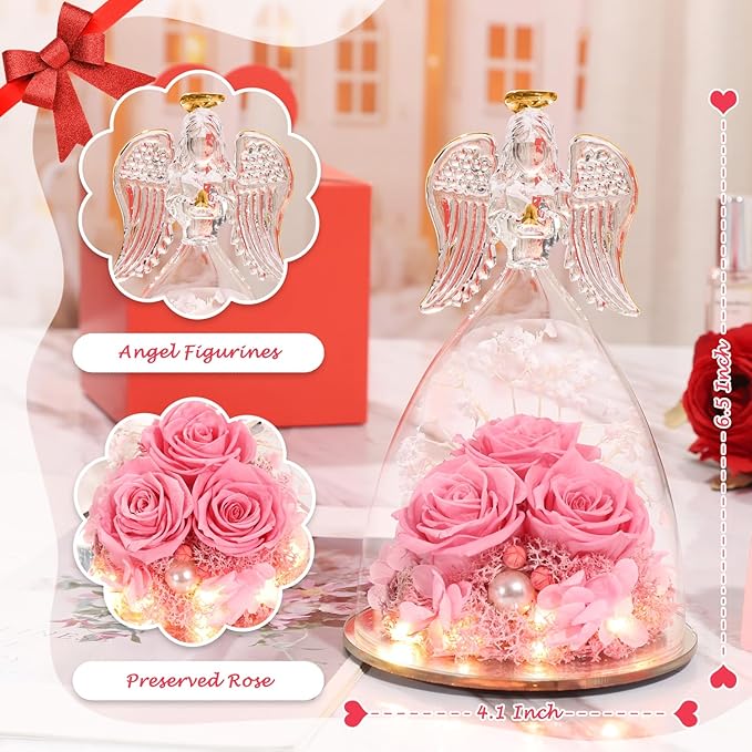 Christmas Angel Gifts for Women Gift for Mom,Preserved Real Rose in Glass Angel Figurines with Angel Necklace,Preserved Flower Birthday Gifts for Women Mom Wife Girlfriend for Thanksgiving Xmas Gift