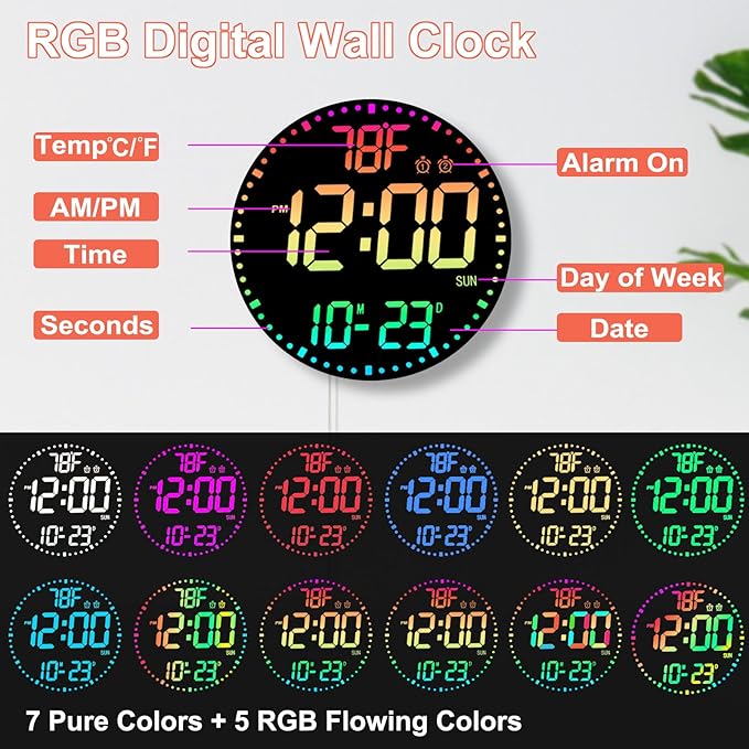 Large 12" RGB Color Changing Digital Wall Clock with Remote Control | LED Display Plug-in Clock with 3 Brightness Levels & Temperature Display | Perfect for Home, Gym, Classroom, Office