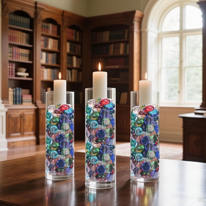 FUTUREPLUSX 5 Lb Flat Glass Marbles, 500 PCS Assorted Colors Flat Gems Aquarium Pebbles Vase Filler Table Scatter Decor, Red, Green, Blue, Yellow, Transparent