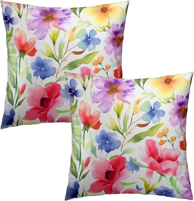 Spring Summer Throw Pillow Covers - Watercolor Flowers Pillow Covers 18x18 Inch Set of 2 Floral Pillowcase Botanical Blossom Cushion Cover for Couch Sofa Garden Patio