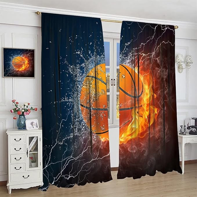 JESTRONRY Boys Basketball Curtains,Kids Sports Theme Fire Ball Water Flame Splashing Room Darkening Door Window Rod Pocket Curtain for Living Room Teen Men Bedroom Decor W63xL63in