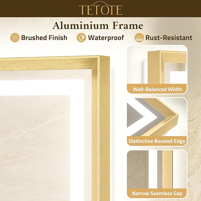 TETOTE 96 x 36 Large Brushed Gold Metal Frame Bathroom Mirror with Light Frontlit & Backlit Vanity Mirror Anti-Fog Stepless Dimmable 3 Colors White/Warm/Natural Wall-Mounted
