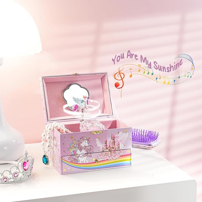 ProCase Children's Jewelry Box, Kids Jewelry Organizer with Unicorn for Little Girls, Jewelry Case Gift for Toddler Age 2 3 4 5 6 7 8 -Sunshine