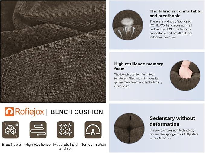 Bench Cushion 48 Inch - Chenille, High-Density Memory Foam, Non-Slip Bottom, Soft Durable Indoor Tufted Long Seat Cushion for Window Garden Furniture (Deep Brown, 48x16x4 Inch)