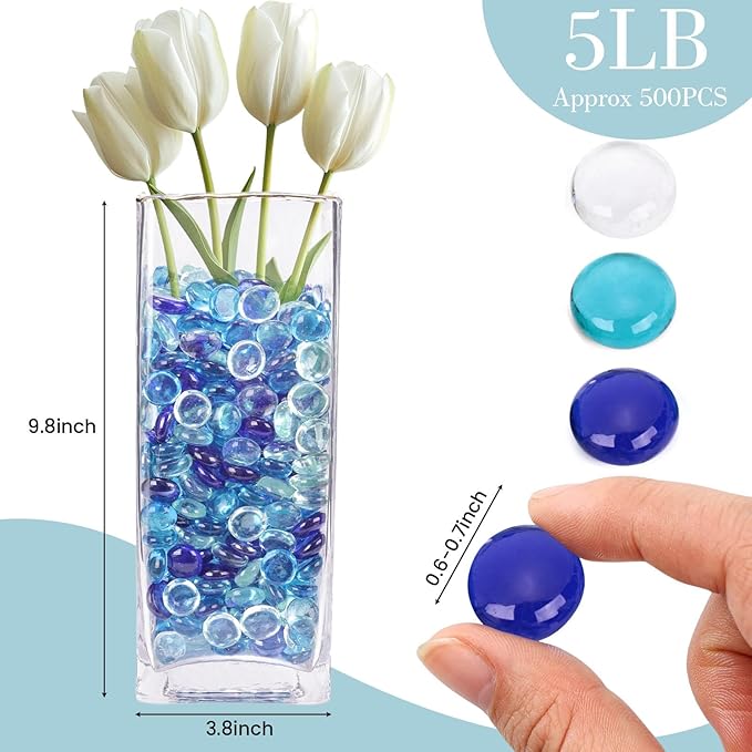 FUTUREPLUSX 5 Lb Flat Glass Marbles, 500PCS Blue Mixed Color Flat Gems Decorative Glass Stones Vase Filler Beads Table Scatter Decor